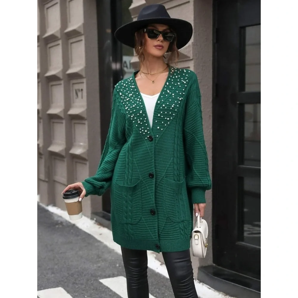 NWT By Egreis Pearl Detail Cable-Knit Button Up Cardigan Forest Green Small